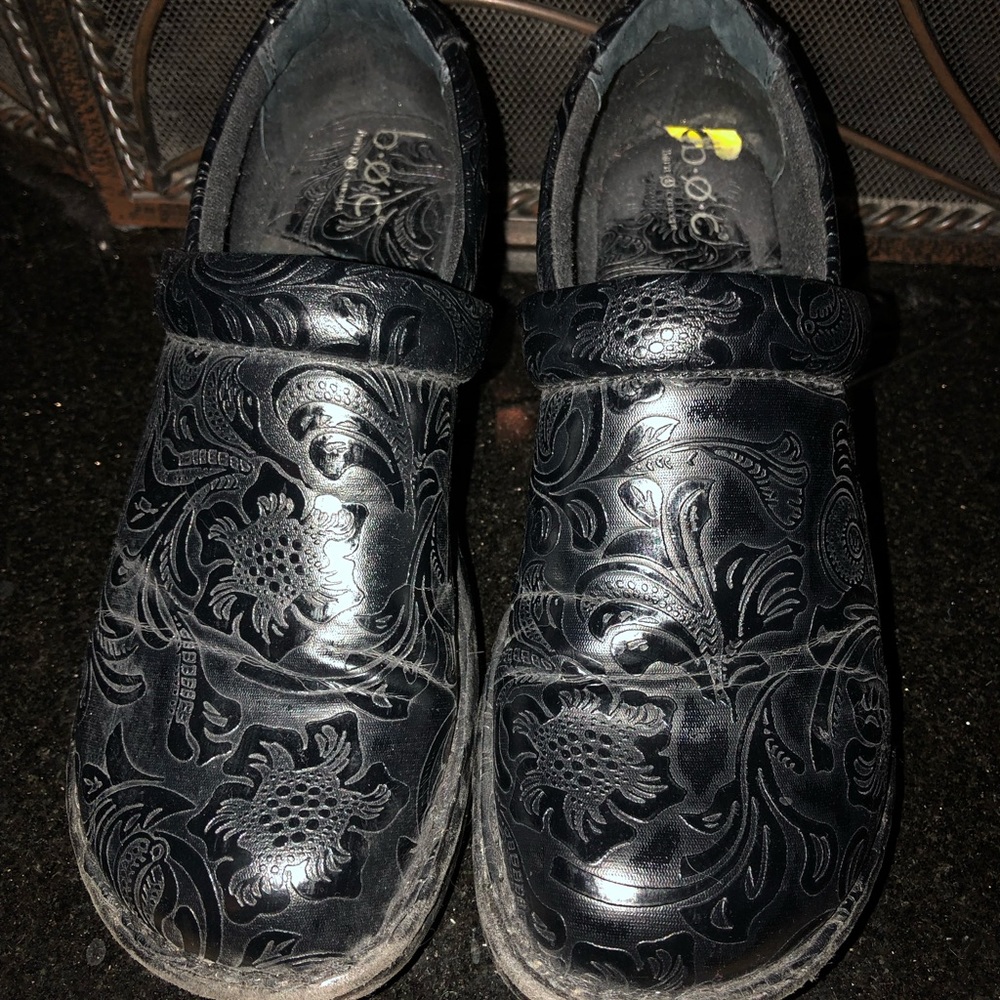 B.O.C. Black embossed clogs, size 9.